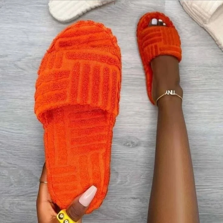 2022 women home slippers one-word thick-soled warm furry shoes embossed cotton drag outdoor all-match casual Towel slippers