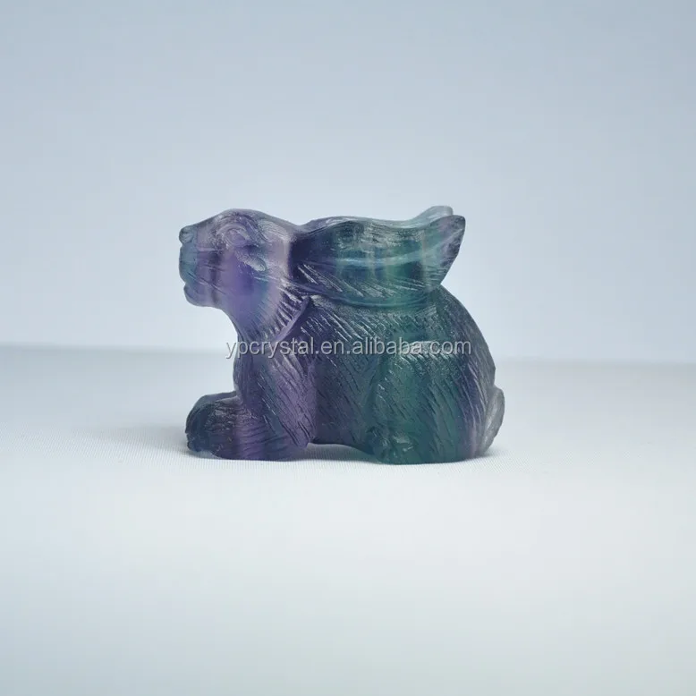 Wholesale Natural Semi-precious Stone Carved Crystal Craft Rainbow Fluorite Animal Rabbit Figurine