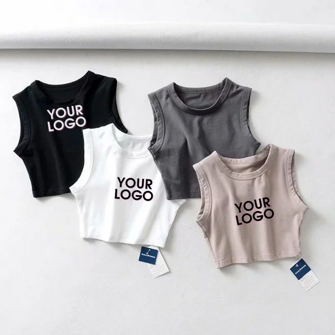 Time - less Women 95 Brushed Cotton Custom High Quality Round Neck Sleeveless Tank Shirt Crop Top