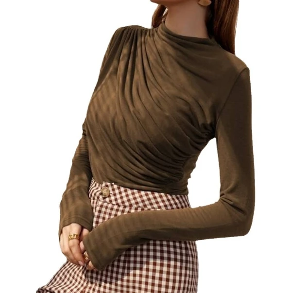 Осенне-зимняя женская мода с высоким воротом Тонкий Топ плиссированный однотонный топ длинными рукавами футболка