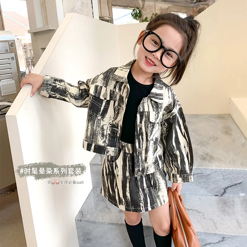 2022 New Toddler Kid Girl 2 Pcs Outfit Set For Autumn Long Sleeved Jacket +skirt Tie Dyed Clothing Set 2-7 Years