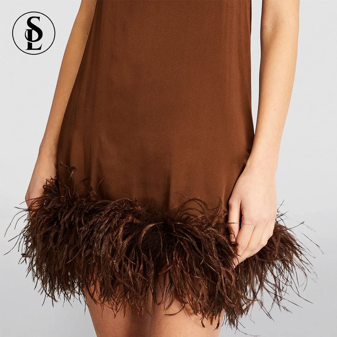 Feather Pajamas Luxury Designer Sexy Girl Lingerie Silk Satin Ostrich Feather Night Dresses for Woman