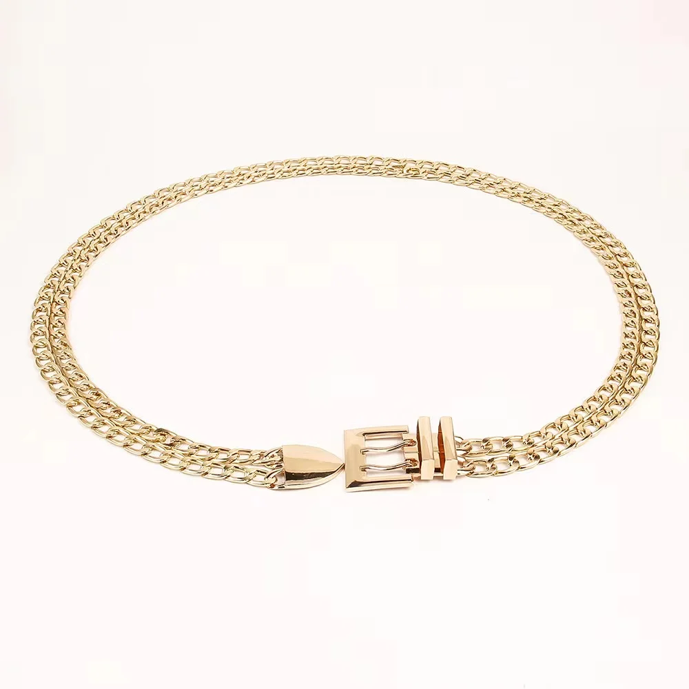 Летний взрывозащищенный металлический ремень в стиле панк, двухрядная Пряжка, двойная золотая металлическая цепочка на талию