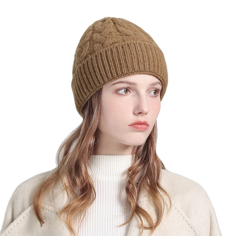 Custom Pure Wool Winter Hat Warm Ear Protector Pullover Lamb Wool Hat Knitted Beanie Hat For Women