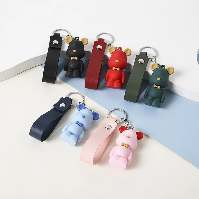 Rubber Little Bear Key Chain Cute 3D Bear Keychain Creative Doll Couple Ins Bag Pendant Leather Key Holder Promotion Gifts