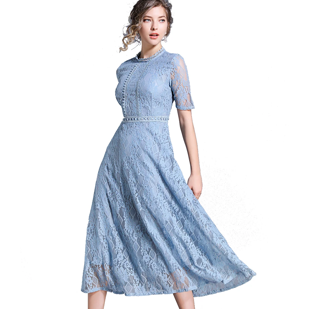 
Wholesale In Stock 2 Colors Women Summer Lace Dress Short Sleeve Crochet Lace Decoration Elegant Long Lace Dress 