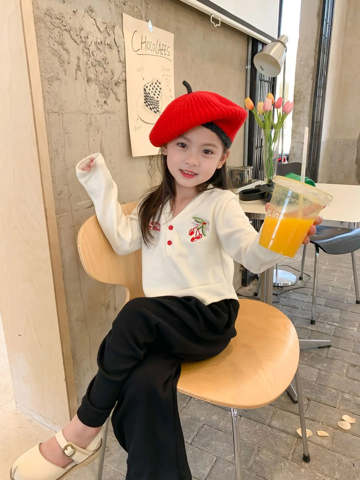 2022 autumn new arrival infant girls V neck fleece child baby clothing embroidery cherry casual outfit 603X22193033