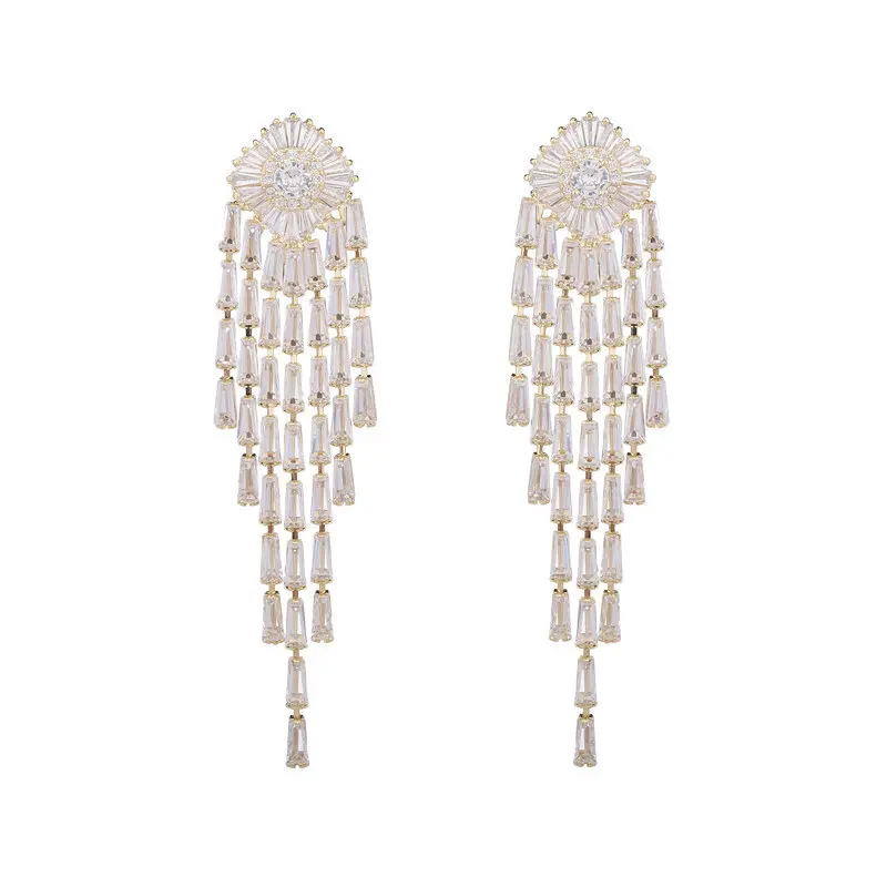 Wholesale French Elegant Exaggerated Temperament Earrings For Women with Super Shiny Zircon Iniay,Luxurious Tassel Earring