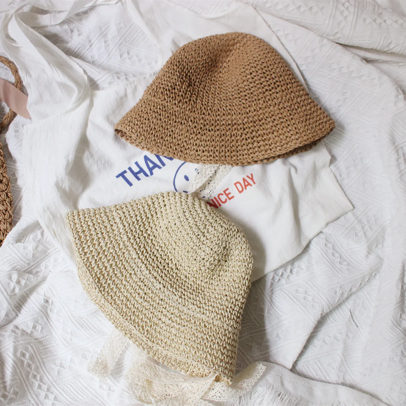 Wholesale Kids Straw Hats with long lace Summer Sun Hats for children 100% handmade sunscreen cap baby girls Brim Bucket hat