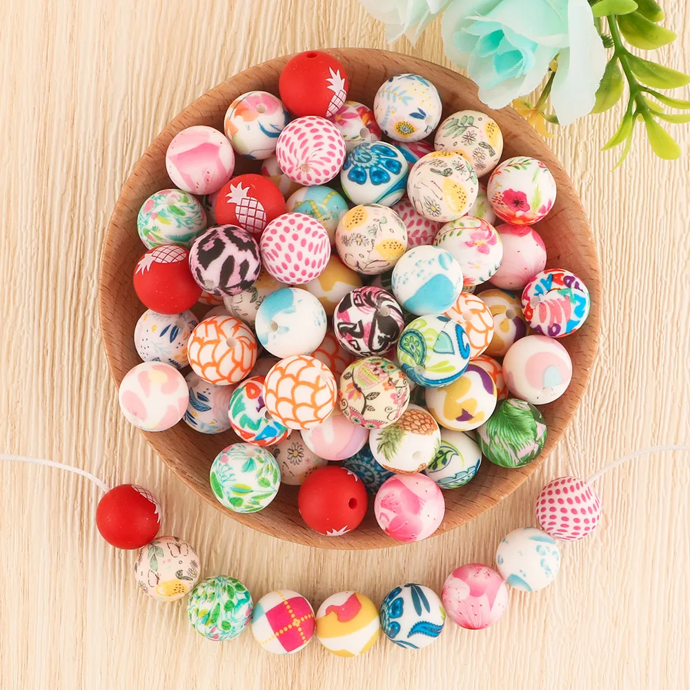 Kovict new arrivals 15mm Silicone Print Bead  BPA Free Baby Teething Round Ball Pearl DIY Accessories printing bead