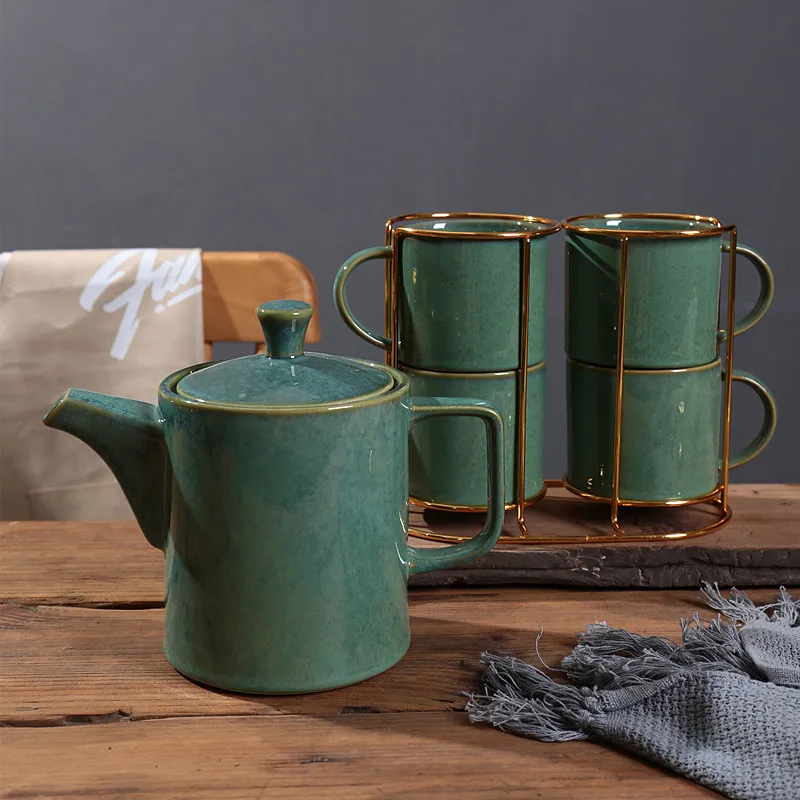Японский гостиничный домашний чайный набор, зеленый глазированный керамический кофейный чайный набор, чайник с чайными чашками, набор