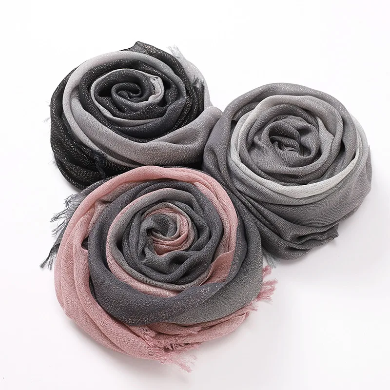 Популярный Стиль 2021, однотонный золотистый шелковый длинный шарф ручной росписи с градиентом, двухцветный, из вискозы, женский длинный шарф с короткой бородой, шаль, головной платок