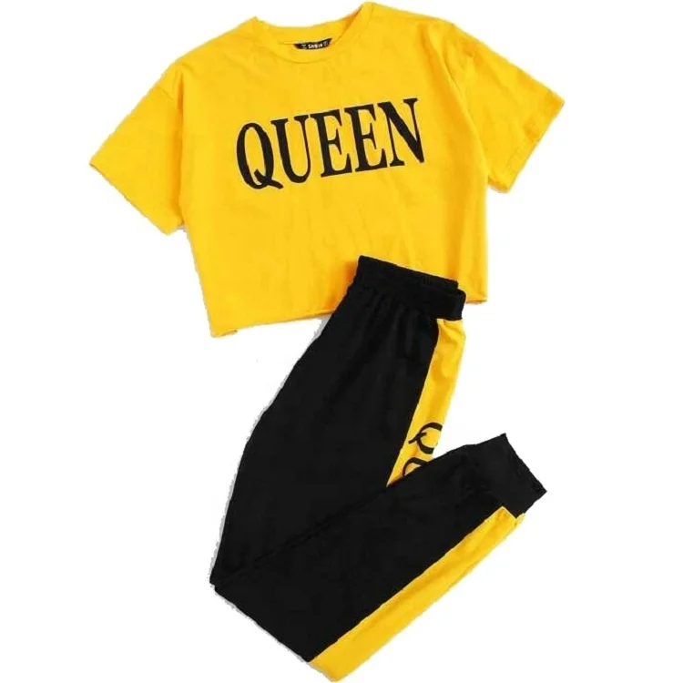 Manufacturer Custom Jogging Sets Patchwork Teen Girls Crop Top & Pants Set Letter Graphic Color Block Printing for Women Adults