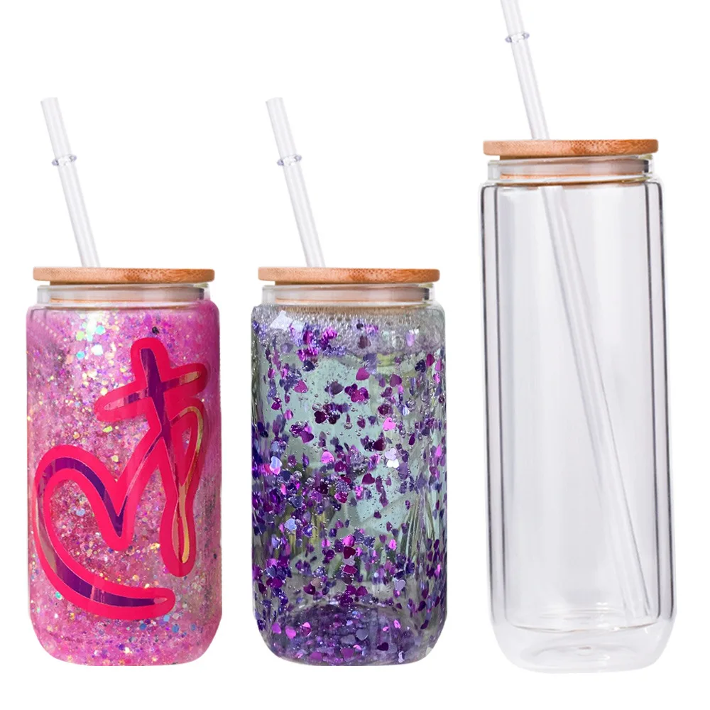 Cross Border Glass 16oz Soda Can _20oz Coke Can Coke Cup Mason Cup Straw Set With Bamboo And Wood Lid