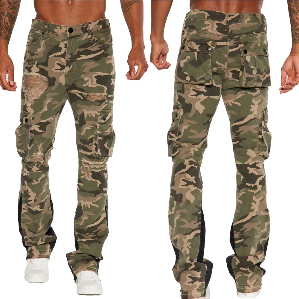 KY Distress Custom Camo Flare Pants Men Cargo Pants Manufacturer Patchwork Camouflage Pants for Men
