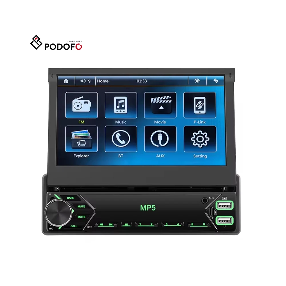 Podofo Single Din Car Radio Stereo 7' Car MP5 Player Retractable Touch Screen Auto Electronics BT FM USB Type-C