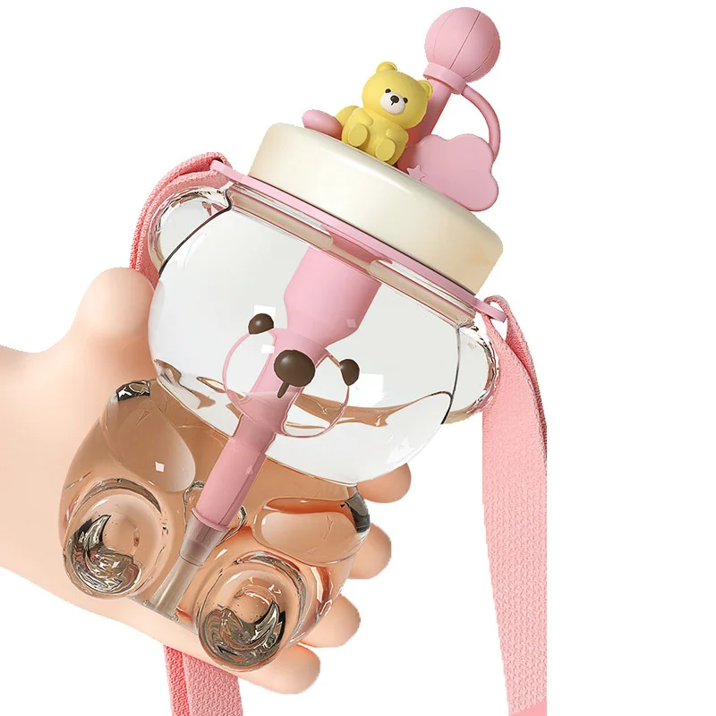 Wholesale Cute Cartoon Bear Portable Plastic kids children Water Drinking water Bottle Cup Jug with straw and Strap