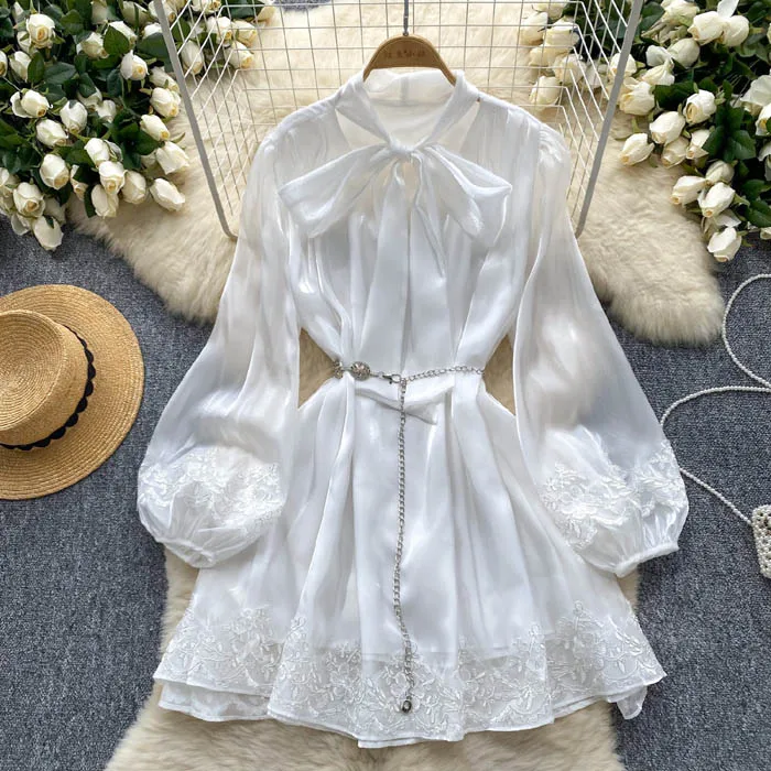 LY1220  New 2025 Korean Chic Solid Color Elegant  long sleeve lace Edge Chiffon Satin Dress Women Long Sleeve Dresses Clothing 1