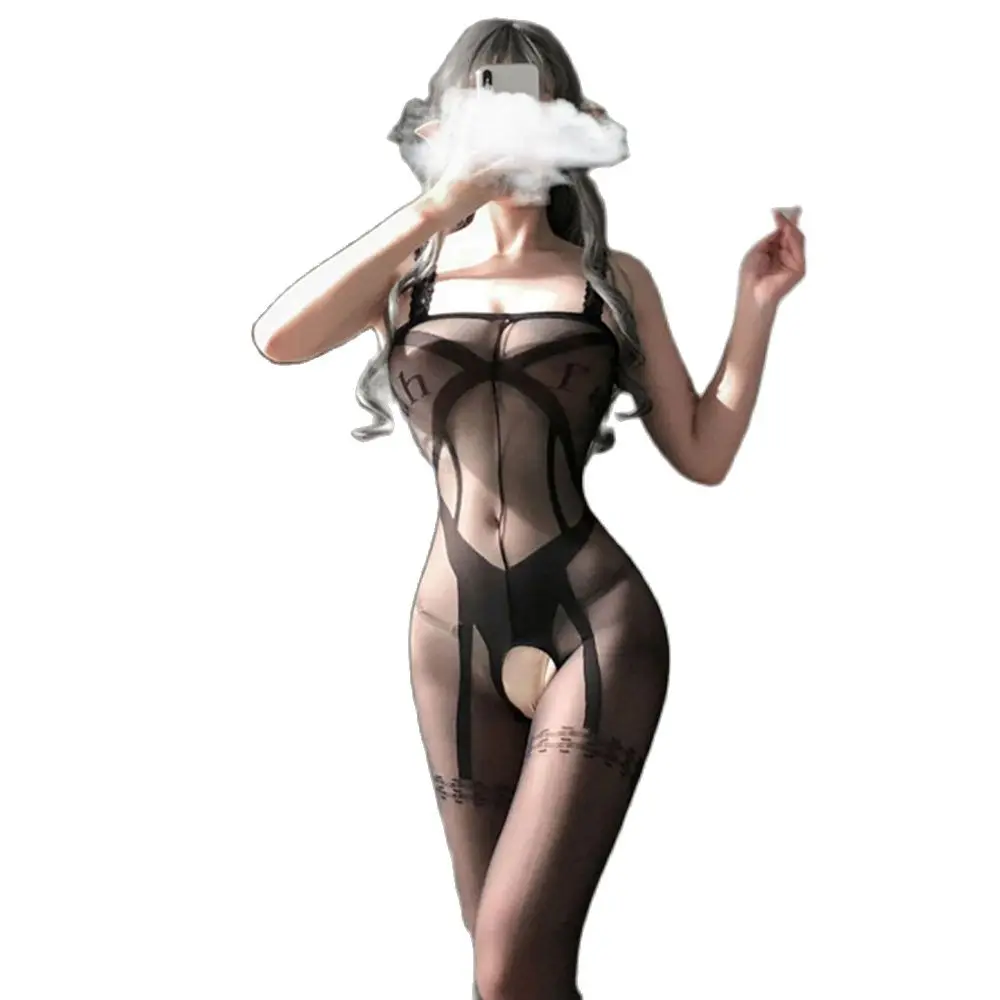 Sexy stitching lace tight open crotch stockings letter printing erotic