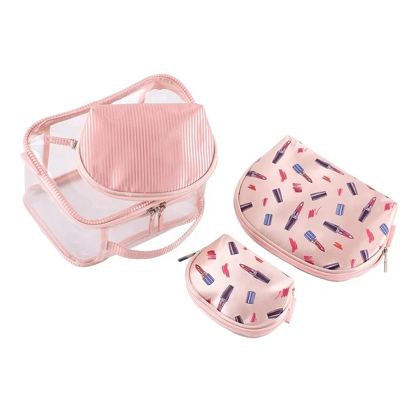 BSCI ISO Sedex FAMA GenuineFull Page Printing Pink Makeup Organizers 4 Set Transparent Waterproof Clear Cosmetic Organizers Bags