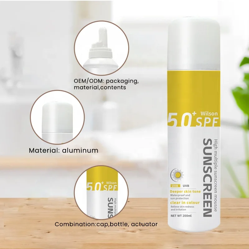 Cosmetics Factory Custom LONG LASTING Sunlight protective Sun block Sunscreen Mousse suncream SPF50 OEM ODM FOR CHILDREN ADULTS