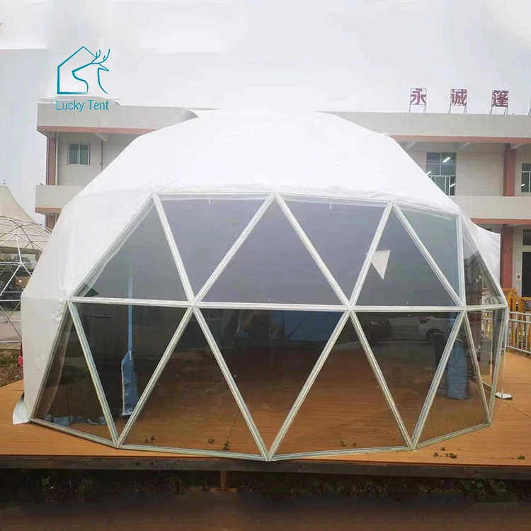 Factory Low Cost Luxury Yurt Aluminum Framework Tempered Glass Dome Glamping Tent With Bathroom