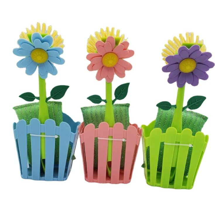 New Design Kitchen Cleaning Flower Shaped Cleaning Brush Set  Dish Scrubber Brush with sponge pad