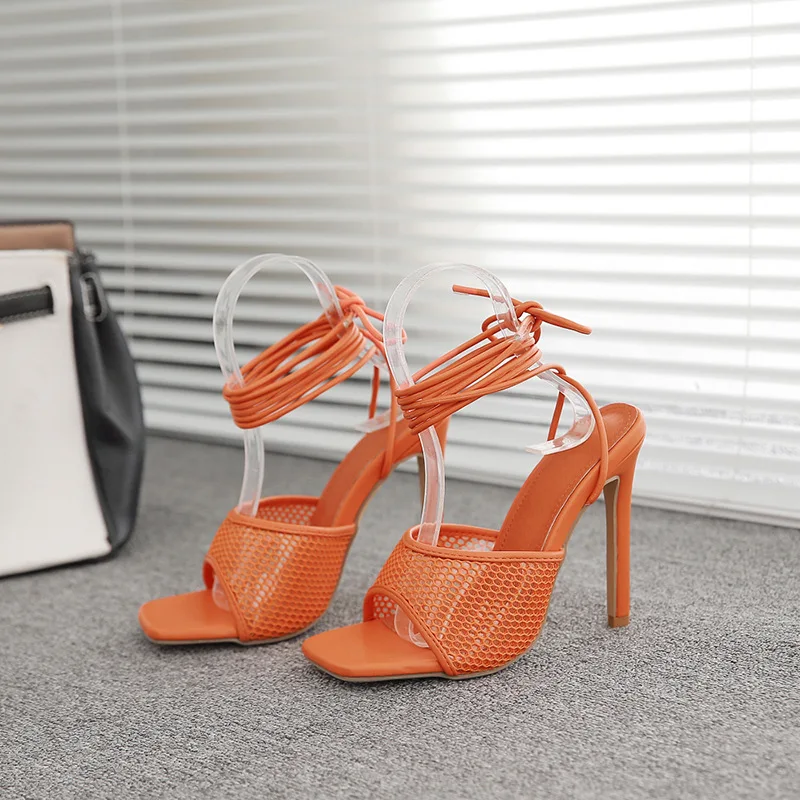 Women Stylish Mesh Patent Leather Heeled Sandalias Mujer Open Toe Green Black Stiletto Sandal Sexy Party Ladies Shoes Heels