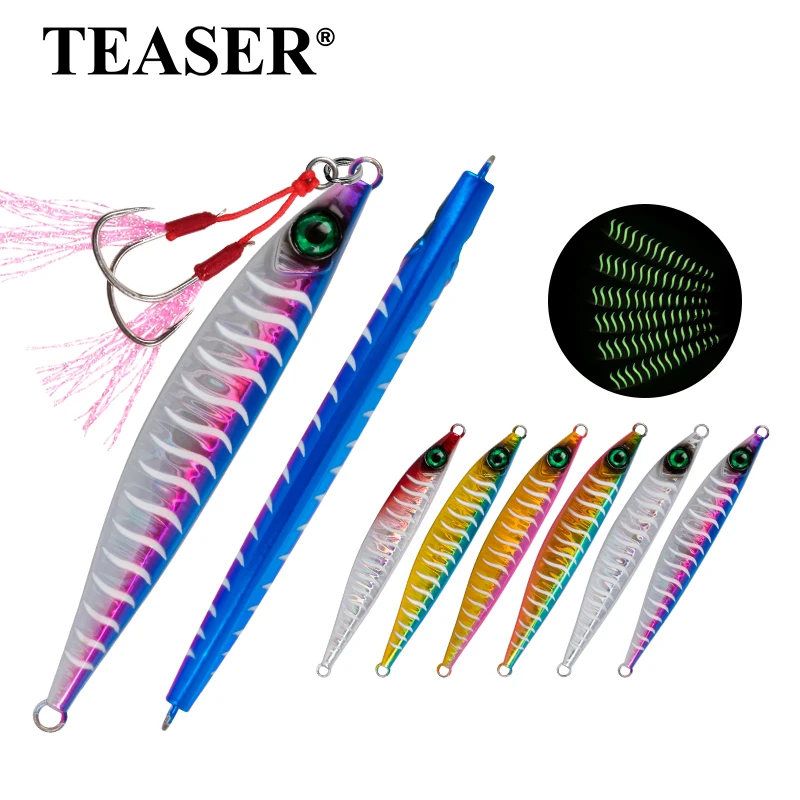 TEASER fishing J100  Artificial metal fish lures jigs 40g-100g  Fishing Pitch Jigs Luminous Sinking Fake Bait Saltwater Fishing