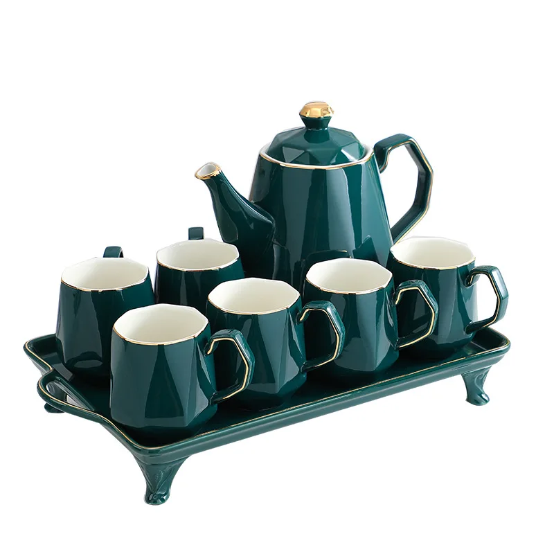 RL-F3022 Japanese Ceramic Big Coffee Cup Set with Tray and Pot Dark Green Ceramic Tea Cup Mug
