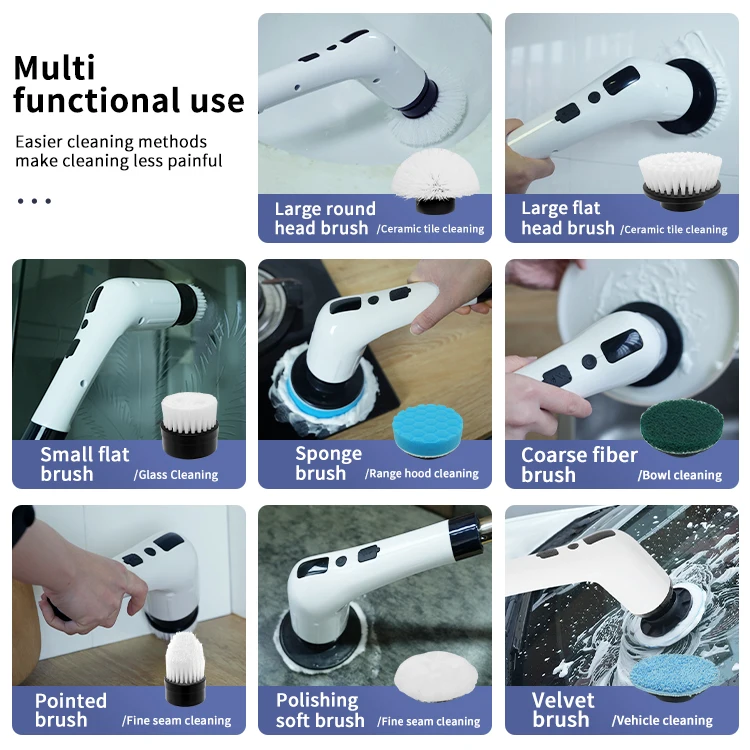 Electric Spin Scrubber With Adjustable Handle Cleaning Brush With 8 Replaceable Brush Heads Clean Brush for Household Cleaning
