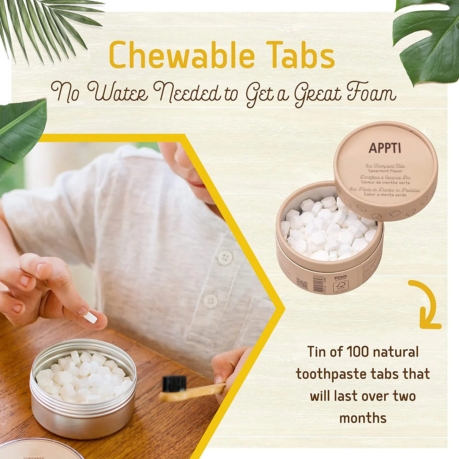 Hot Sell Fluoride Free and Eco-Friendly Travel Size White Teeth Spearmint Toothpaste Tablets for Kids and Adults