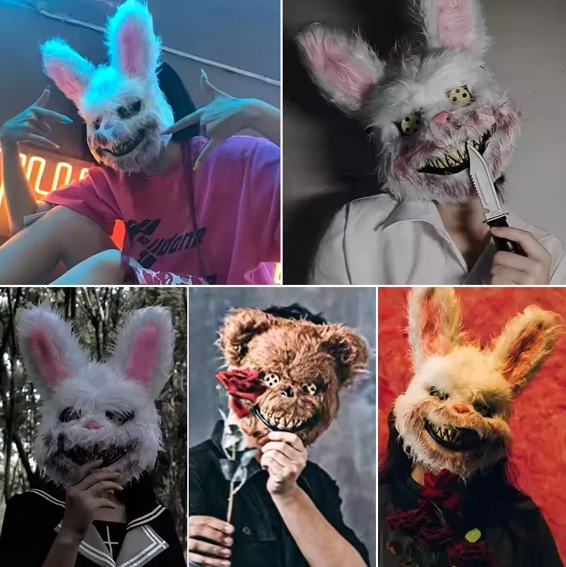 Halloween Bloody Bunny Mask Bloody Plush Creepy Rabbit Animal Head Mask for Cosplay Masquerade Party Supplies