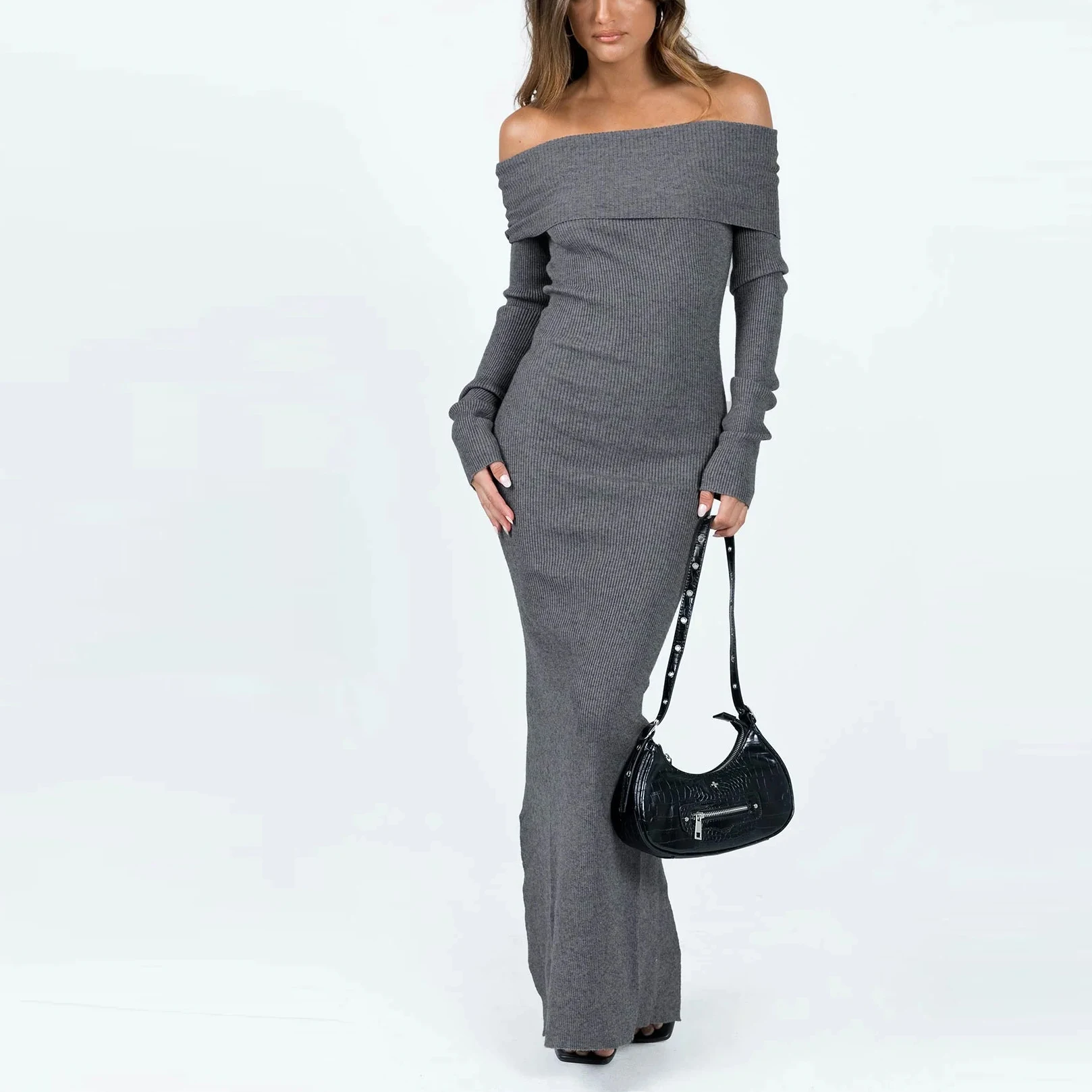 Custom Knitwear Mufacturers Women Knitted Dresses Cutout Long Sleeve Ribbed Knit Midi Sweater Dress Clothing