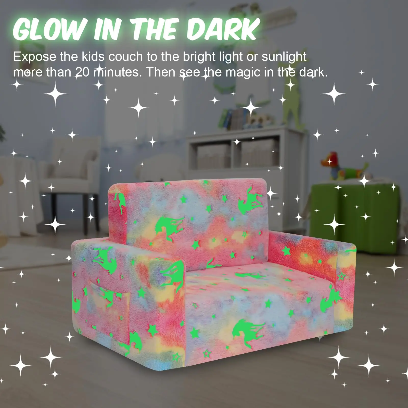 Custom New Type Toddler Fold Out Kids Sofa Chair Convertible Sofa  Pull Out Couch Pink Unicorn Glow in The Dark Sofa Chair
