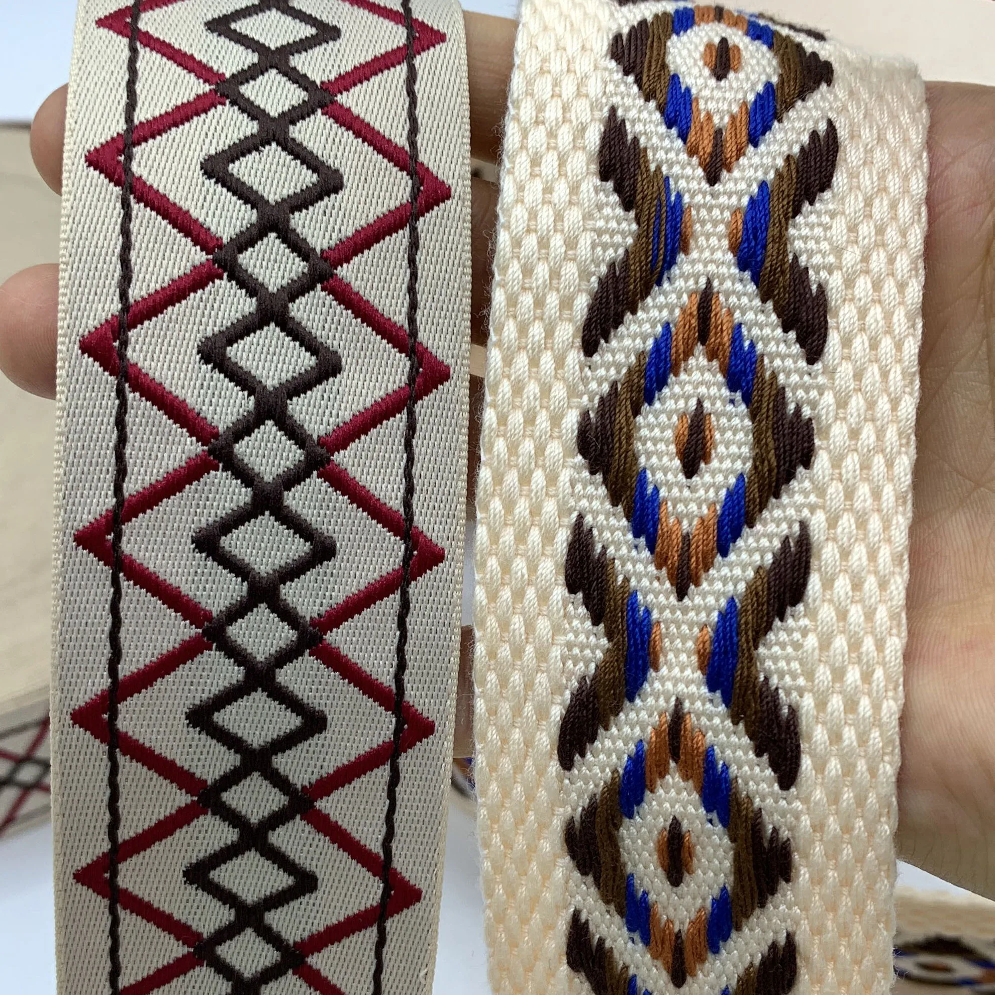 Custom Eco-friendly 5 cm Geometric Rhombus Diamond Pattern Polypropylene Webbing Polyester Jacquard Webbing