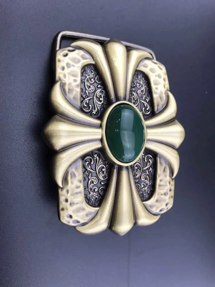40mm inner width solid brass 3D embossed flower design green agate stone western name plate belt buckle