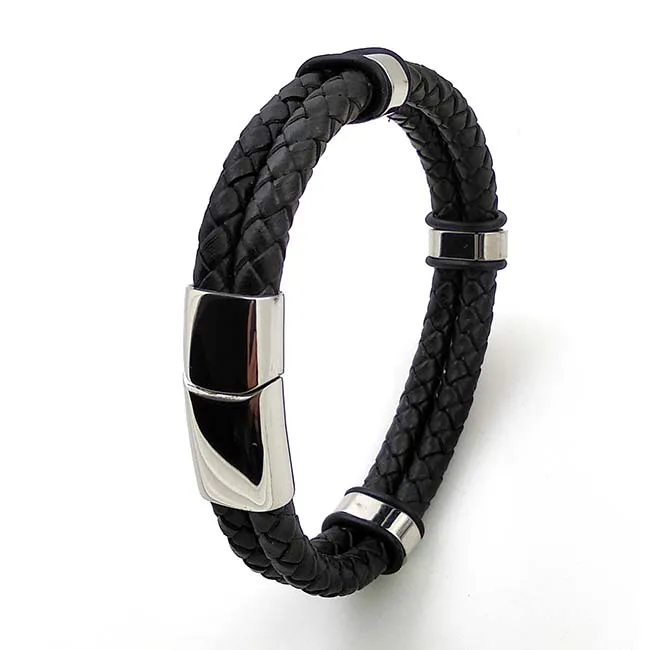 Stainless Steel 3 Rings Genuine Leather Bracelet For Men