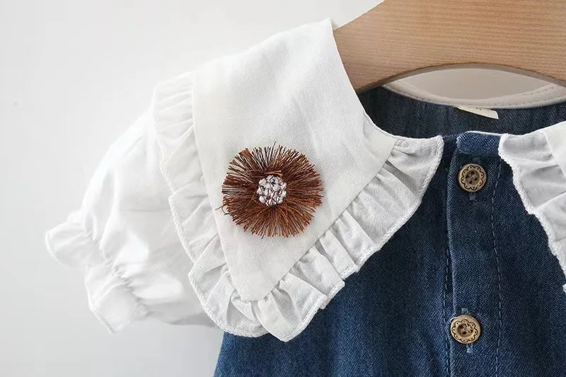 1634 2024 Summer New Girls Lace Collar Denim Skirt Children Fashion Lapel Collar Princess Dress