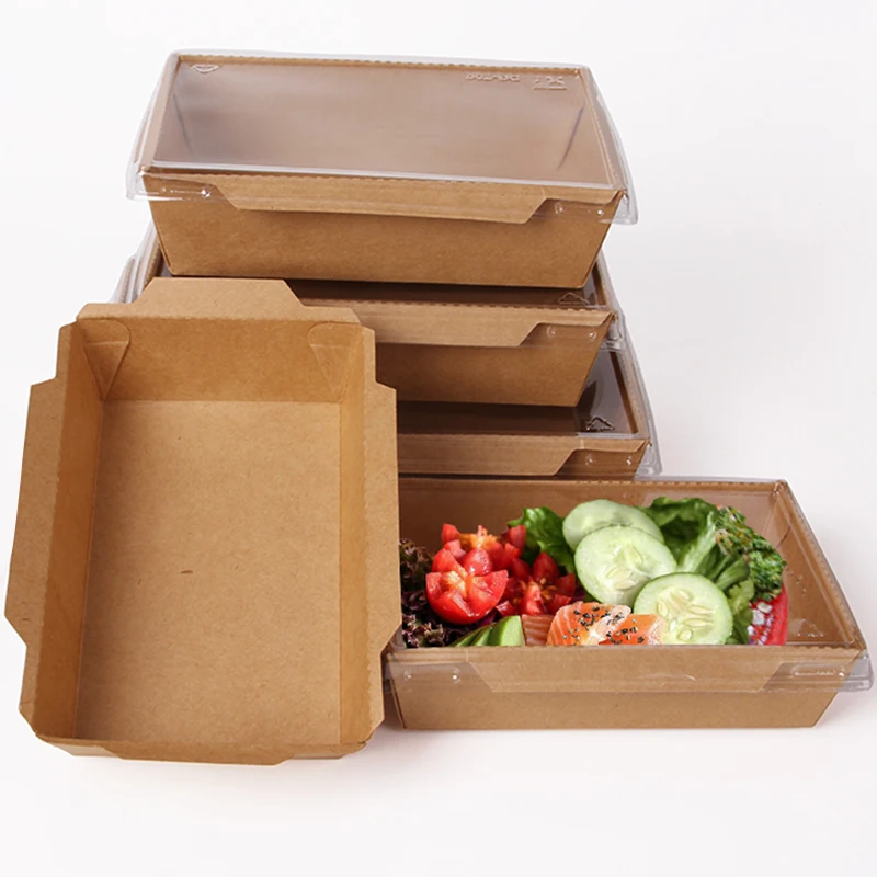 Disposable recycle  kraft paper  food lunch packaging box with compartment Anti-fog PET Lid /Salad  takeaway pack boxes