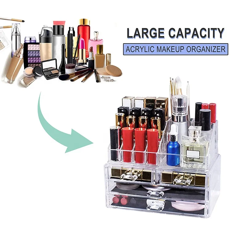 Оптовая продажа, коробка, прозрачный акриловый косметический Органайзер для туалетного столика с ящиками для хранения и Складными ящиками