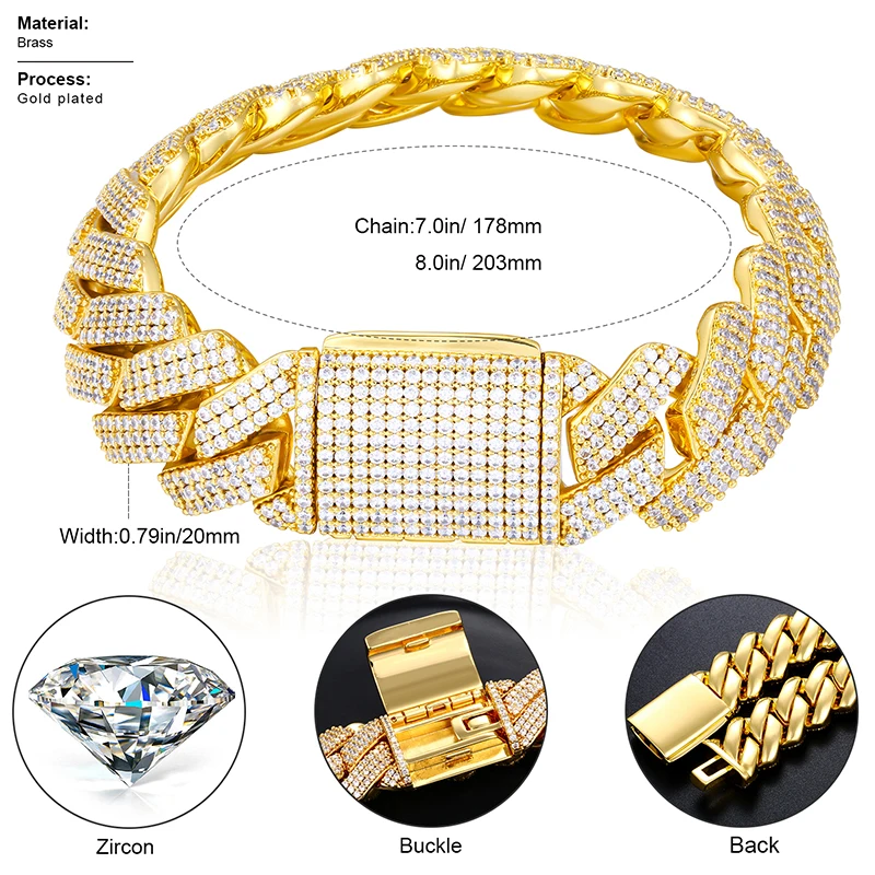 Fashion Hip Hop 20 Heavy 3 Rows AAAAA CZ Diamond Iced Out Mens Bracelet Luxury Gold Plated Cuban Link Bracelet For Men