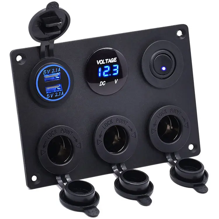 Six hole panel dual USB charger+Voltmeter+* 3 socket+switch