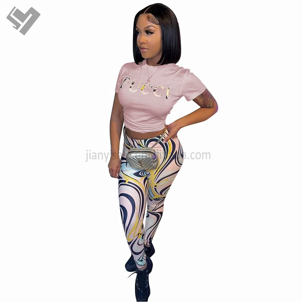 Women luxury clothing 2023 design printing slim fits short sleeve pants trousers two piece set summer leisure 2 piece pants set