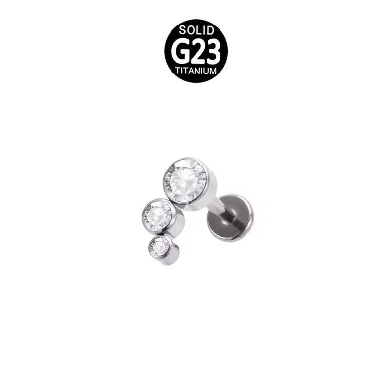 Hot Sale ASTM F136 Titanium Body Piercing Jewelry Internally Threaded Bezel 3-CZ Stone Clearuster Top Labret