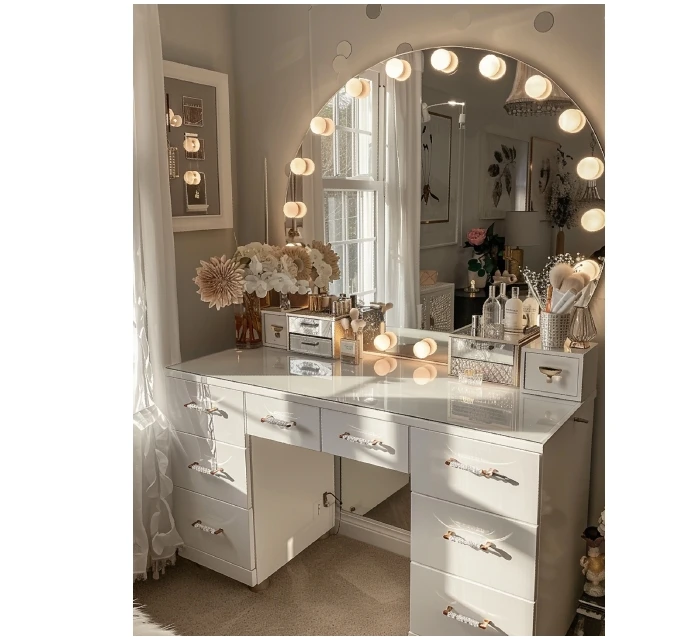 2024 new French glass top dressing table small bedroom women dressing table set with round makeup mirror