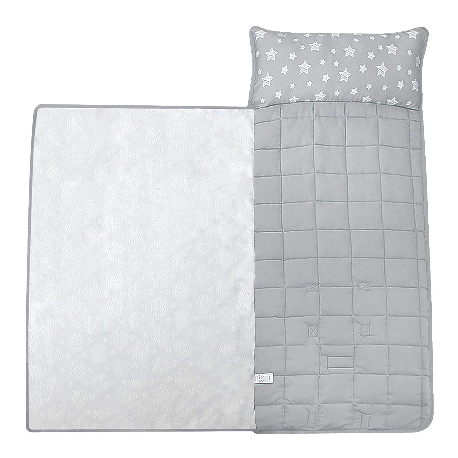 Toddler Nap Mat Gray/Stars With Removable Pillow and Fleece Minky Blanket,Lightweight Nap Mat for Girls, Travel Nap Mat for Boys