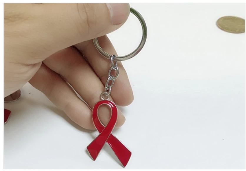 Souvenir Metal Women Pink Red breast cancer symbol keychain Gift Ribbon Charm Key Ring Custom Breast Cancer Awareness Key chains