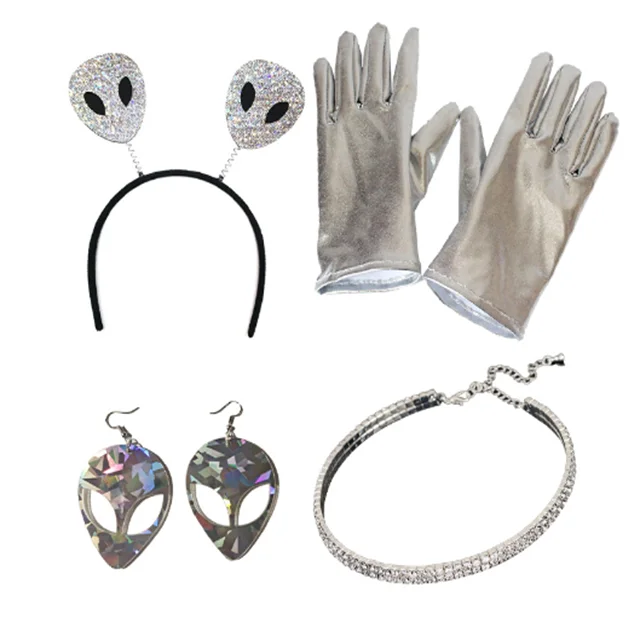 Funny Alien Costume for Kids Adults Alien Headband Gloves Sparkly Necklace Alien Earrings Alien Cosplay Accessories