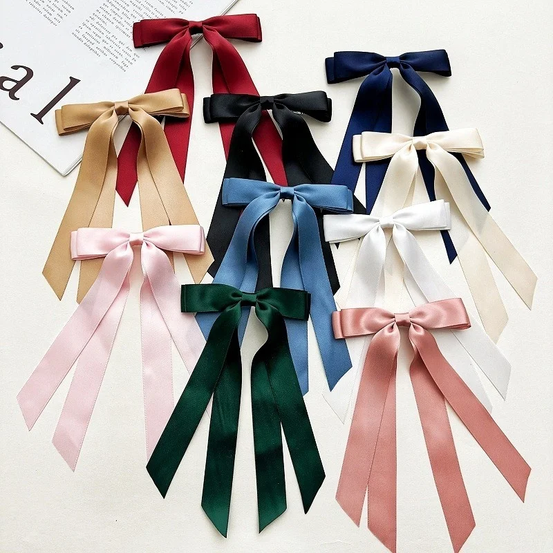 French Vintage Oversized Satin Silk Hairpin Long Tail Bowknot Women Girls Large Hair Bows Clips